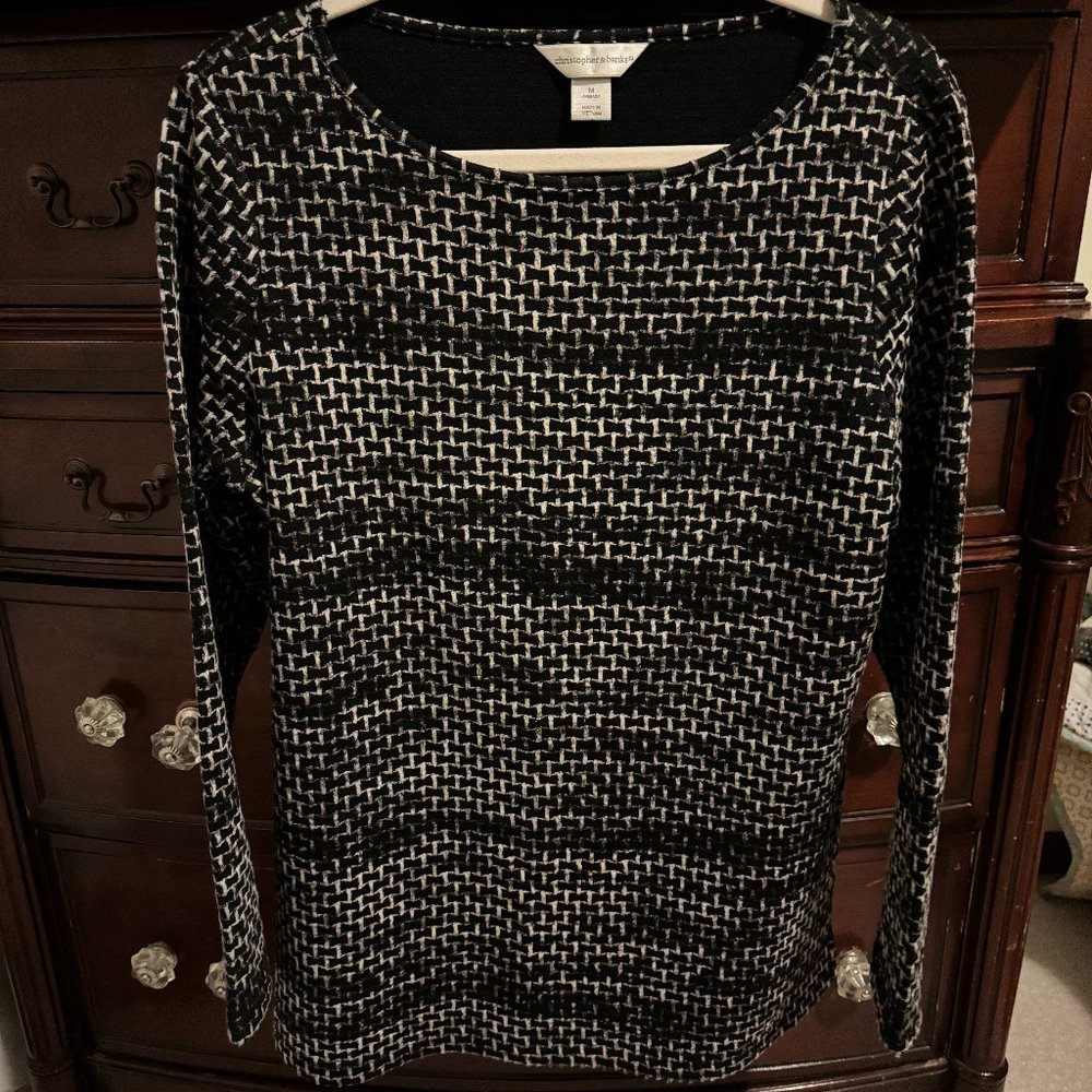 Black Textured Tunic Length Top w/Boat Neck - Size M